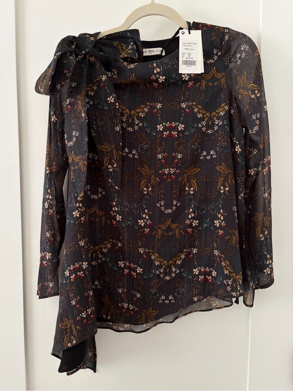 Simple Retro Bow-Detail Asymmetric Long-Sleeve Blouse XS NET